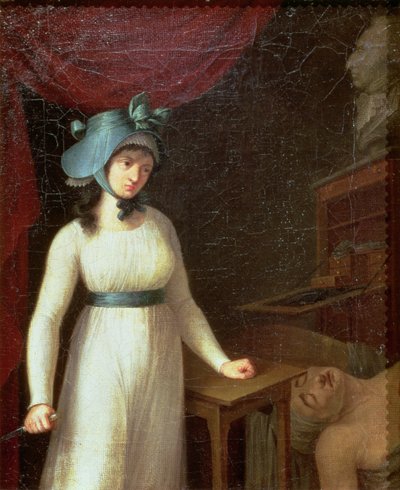 Charlotte Corday (1768-93) en de moord op Jean Paul Marat (1743-93) in zijn bad door French School