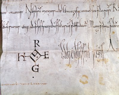 Handvest ondertekend door Hugues I Capet (941-996), koning van Frankrijk, 988 (detail) door French School