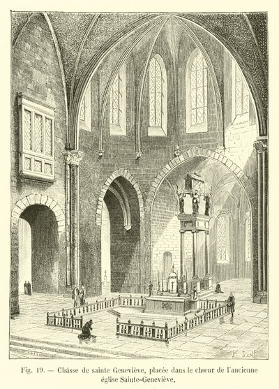 Reliekschrijn van Sainte Genevieve, geplaatst in het koor van de oude kerk Sainte-Genevieve door French School