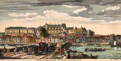 Kastelen van de Loire: uitzicht op het kasteel van Amboise in Indre en Loire in de 18e eeuw. Tijdperk gravure. Privécollectie door French School