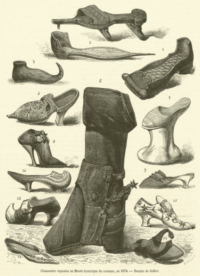 Tentoonstelling van schoenen in het Historisch Kostuummuseum, 1874 door French School