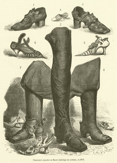 Chaussures exposees au Musee historique du costume, en 1874 door French School