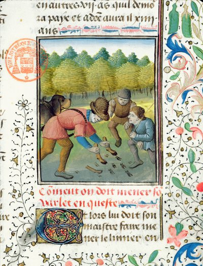 Het controleren van de sporen van een hert, uit het Livre de la Chasse door Gaston Phebus de Foix (1331-91) door French School