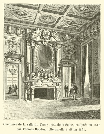 Schoorsteen van de Troonzaal, zijde van de Seine, gebeeldhouwd in 1617 door Thomas Boudin, zoals het was in 1871 door French School