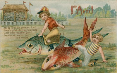 Kindjockeys racen vissen, 1 april kaart, 1913 door French School