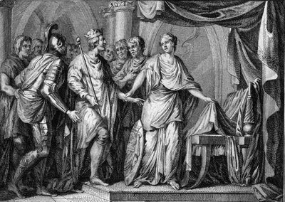 Childebert II (570-596), koning van Austrasië, nam bezit van het koninkrijk Bourgondië en Orléans na de dood van Gontran I in 592. Gravure uit de 18e eeuw. door French School