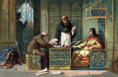 Childebert II, koning van Frankrijk van 695 tot 711 in zijn kasteel van de Oise, omringd door monniken die zijn werk delen. Chromolithografie rond 1890. door French School