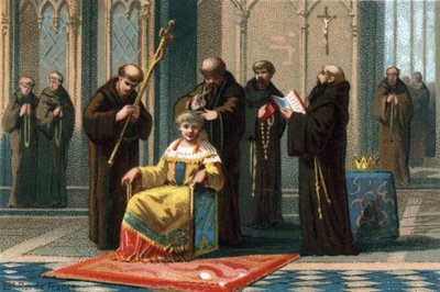 Childerik III, koning van 742 tot 752, in het klooster van Saint Bertin, nabij Saint-Omer, waar hij werd opgesloten door de burgemeester van het Australische paleis, Karel Martel, 737. Chromolithografie rond 1890 door French School