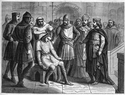 Childerik III, laatste Merovingische koning, onttroond door Pepijn de Korte, koning van de Franken, werd opgesloten in het klooster van Sithiu, nabij Saint-Omer, in 751. 19e-eeuwse graveur door French School