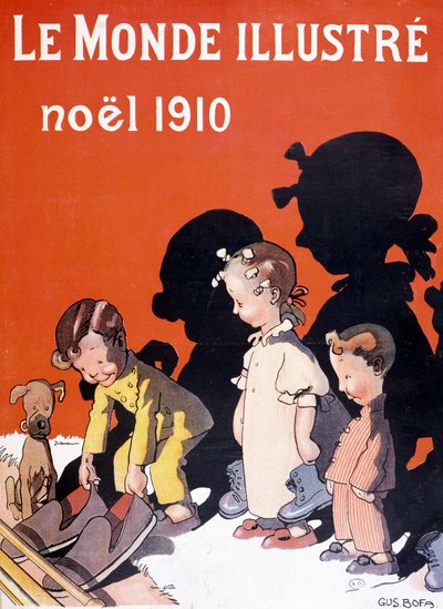 Kinderen die hun schoenen voor de open haard zetten voor de kerstman - in “Le Monde Illustré” door French School