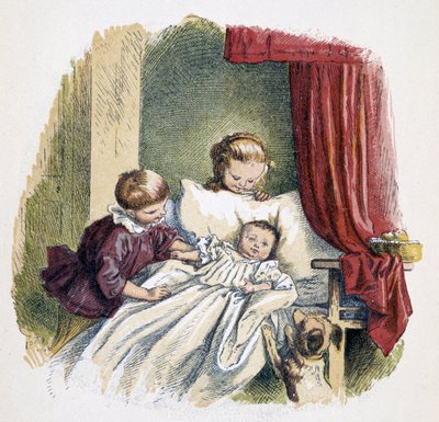 Kinderen spelen met een pop in "Schnik, schnak, kleinigheden voor de kleintjes", kinderspelen. ed. London- Georges Ronthedge and sons. New York, The broad way Ludgate n.d. c. 1890. door French School