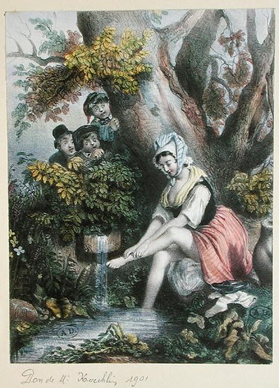 Kinderen bespioneren een jong meisje dat haar voeten wast in een beekje, ca. 1840 door French School