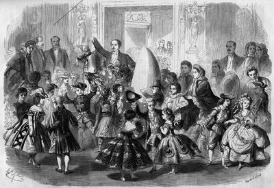 Kinderbal ter ere van Eugene Louis Napoleon (1856-1879), zoon van Napoleon III. Parijs, 3 april 1861. Prins Imperial (in het midden) is teleurgesteld als Pierrot. Gravure in 
