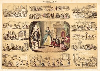 Kinderspelen (kleur litho) door French School