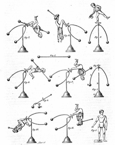 Kinderspeelgoed: de verschillende posities van een balancerende speler. Gravure in 