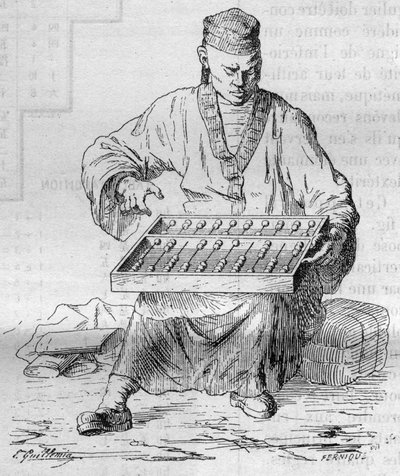 Chinees rekenapparaat (abacus). Gravure in 