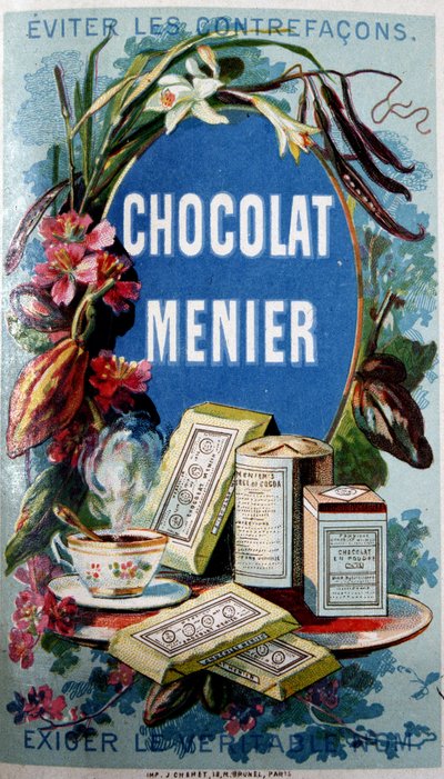 Chocoladereclame Menier met de vermelding Vermijd namaak door French School