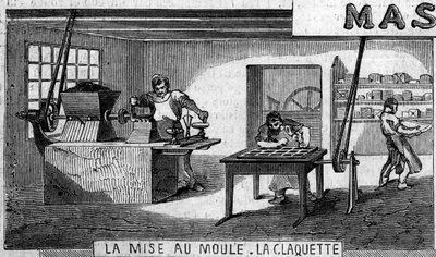 Chocoladeproductie: wegen en vormen, tikken. Usine de M. Masson, Parijs. door French School