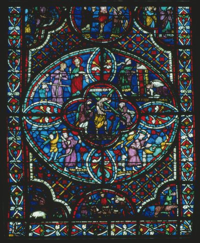 Christus draagt het kruis, detail van een lancetvenster dat het Laatste Oordeel uitbeeldt door French School