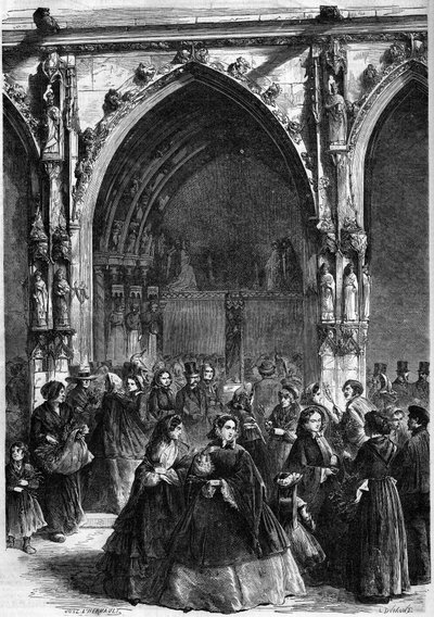 Palmzondag: verdeling van de takken bij de deur van de kerk Saint Germain l