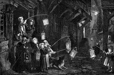 Christelijke gewoonte - Driekoningen - 1860: kinderen van een dorp in Normandië met lantaarns lopen door de straten. Gravure in 