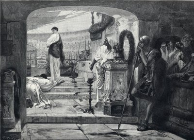 Christelijke martelaar die de arena betreedt om aan de beesten te worden overgeleverd. Gravure naar het schilderij van Albret Baur door French School