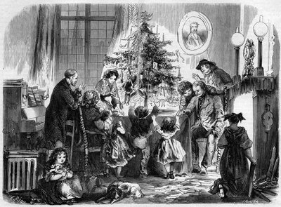 Kerstfeest in de Elzas: een familie verenigd rond de kerstboom. Gravure in 
