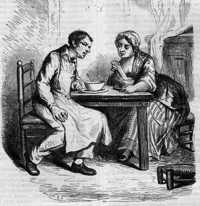 Christophe en de dikke Sylvie: bedienden ontbijten. Gravure midden 19e eeuw. Illustratie voor 