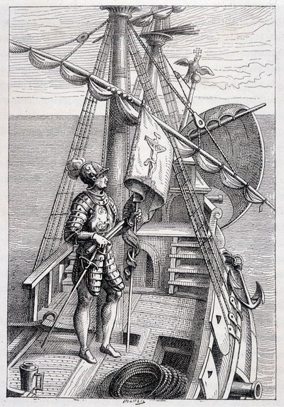 Christoffel Columbus op zijn trailer, ill. Ontdekking van de Aarde door Jules Verne, ed. Hetzel, 19e eeuw door French School