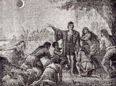 Christoffel Columbus voorspelt de maansverduistering aan de inwoners van Jamaica in 1504 door French School