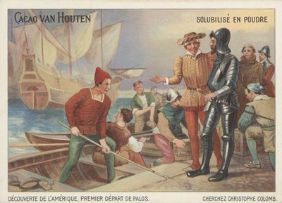 Christoffel Columbus vertrekt uit Palos op zijn reis om Amerika te ontdekken door French School