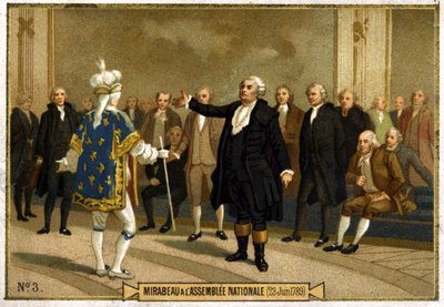 Chromolithografie die Honoré Gabriel (Honoré-Gabriel) Riqueti, Graaf van Mirabeau (1749-1791) in de Nationale Vergadering op 23 juni vertegenwoordigt door French School