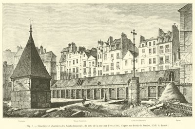 Begraafplaats en knekelhuizen van de Heilige Onschuldigen, aan de kant van de rue aux Fers, 1780, naar een tekening van Bernier, Coll. A. Lenoir door French School