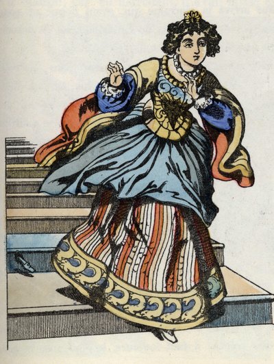 Assepoester vlucht van het bal, haar glazen schoen verschijnt. Illustratie van Charles Perraults verhaal "Assepoester of La petite slipper de verre" door French School