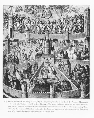 De Stad van God volgens St. Augustinus, uit een manuscript vertaald door Raoul de Presles, illustratie uit Wetenschap en Literatuur van de Middeleeuwen en de Renaissance, geschreven en gegraveerd door Paul door French School