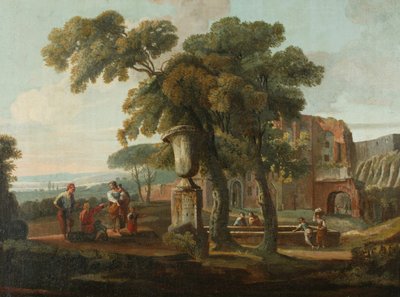 Klassiek landschap met urn, ca. 1700 door French School