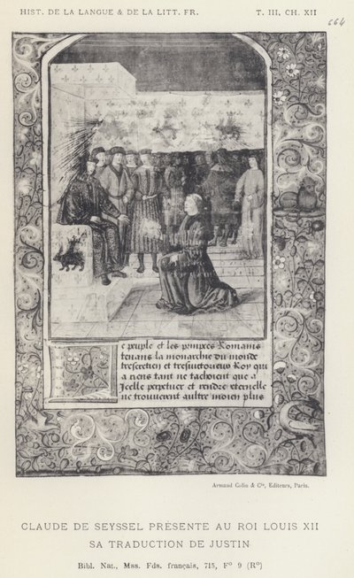 Claude De Seyssel presenteert zijn vertaling van Justin aan koning Lodewijk XII (litho) door French School