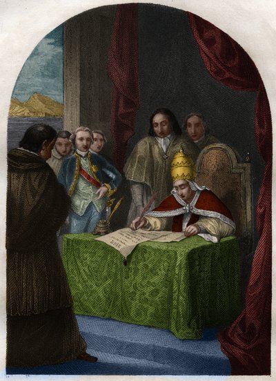 Clement XIV (Clemente of Clemens) (1705-1774) die de Jezuïetenorde afschaft op 21 juli 1773. Gravure uit 1842 in 