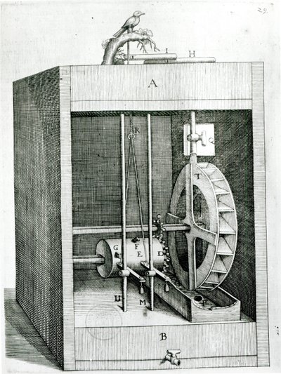 Mechanische vogel, uit Les Raisons des Forces Mouvantes door Salomon de Caus (ca. 1576-1626), 1615 door French School