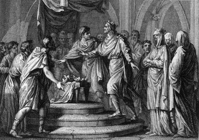 Clotaire (Clothaire) II (584-628), voorzitter van de eerste "Champ de mars", of Placita (Plaids), een ambulant parlement, na de hereniging van de vier koninkrijken van Frankrijk in 613. Gravure uit de 18e eeuw door French School