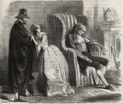 Clotilde Sprengel en Zacharie Bergmann kijken naar de Duitse dokter Petrus Schultz die slaapt voor de 18e eeuw. Gravure uit 1871 in 
