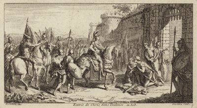 Clovis I, Koning van de Franken, betreedt Toulouse na het verslaan van de Visigoten, 508 door French School