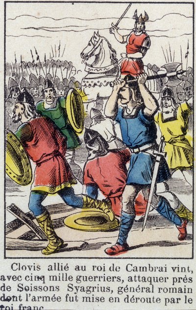 Clovis, bondgenoot van de koning van Cambrai, kwam met 5000 krijgers om bij Soissons Syagrius, de Romeinse generaal, aan te vallen, wiens leger werd verslagen door de Frankische koning. door French School