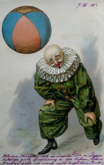 Clown, ca 1905, ansichtkaart, droge offset lithografie met goudverkleuring, Frankrijk, 20e eeuw door French School
