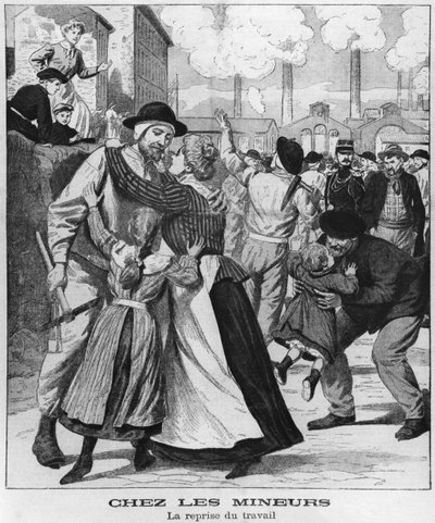 Kolenmijnwerkers gaan terug aan het werk, illustratie uit Le Petit Journal, begin 20e eeuw door French School