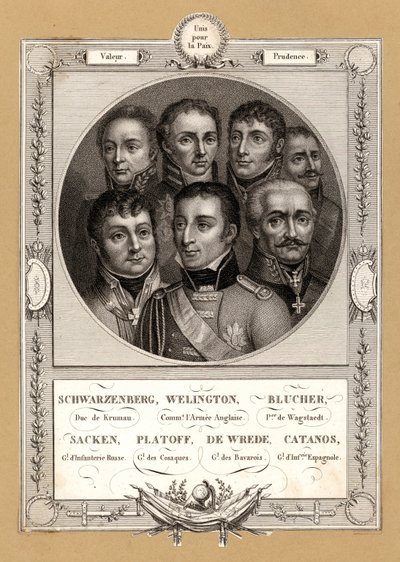 Coalitie militaire bevelhebbers van de Napoleontische oorlogen: Fabian Gottlieb von der Osten-Sacken, Russische infanteriegeneraal; Matvei Platov, Russische generaal in bevel van de Don Kozakken; Karl Philipp von Wrede, Beierse generaal; Francisco Javier C door French School