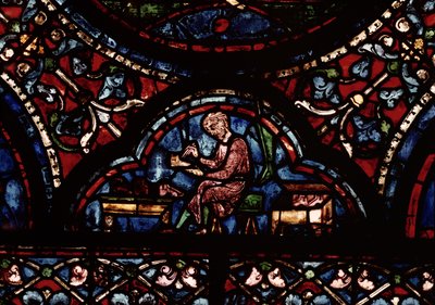 Schoenmaker, detail van een raam dat de dood van de Maagd toont door French School