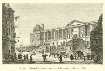 Colonnade van het Louvre, gezien vanaf de rue des Poulies, rond 1758 door French School
