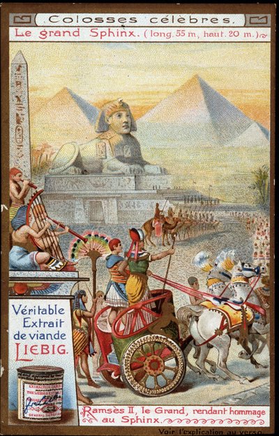 Colossus Beroemd: de Grote Sfinx (lang 55m, hoog 20m): Ramses II, de Grote, brengt eer aan de Sfinx - Liebig Chromolithografie door French School