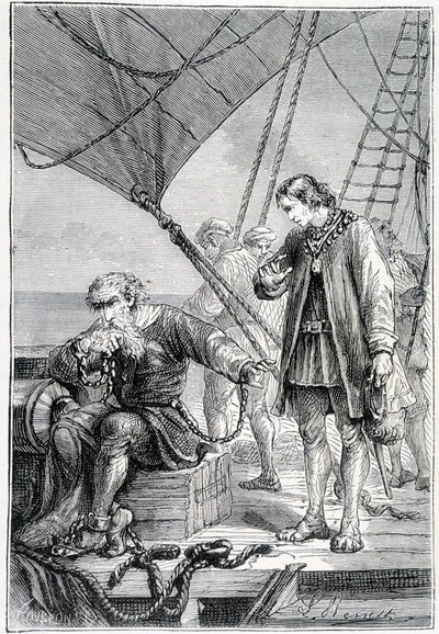 Columbus gebonden als een schurk (op scheepsdek), ill. Ontdekking van de Aarde door Jules Verne, ed. Hetzel, 19e eeuw door French School